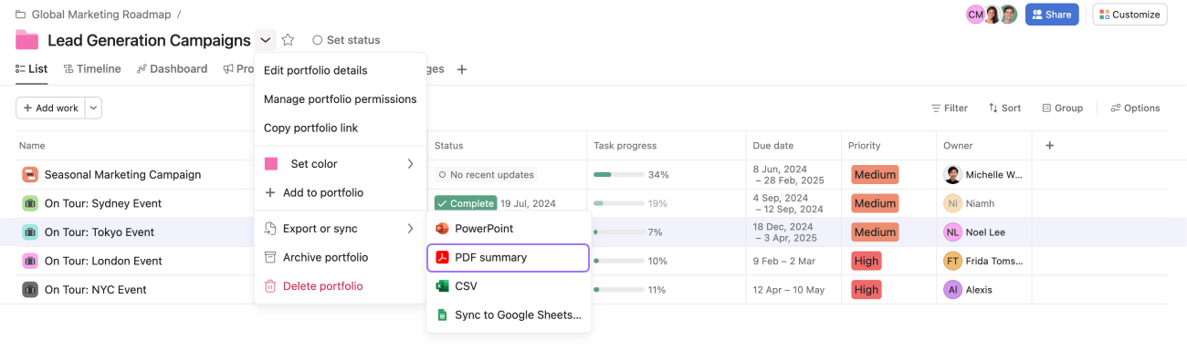 Export portfolio summary