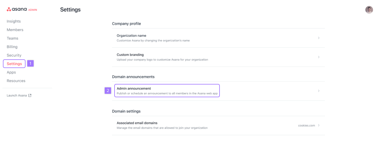 Settings admin announcement