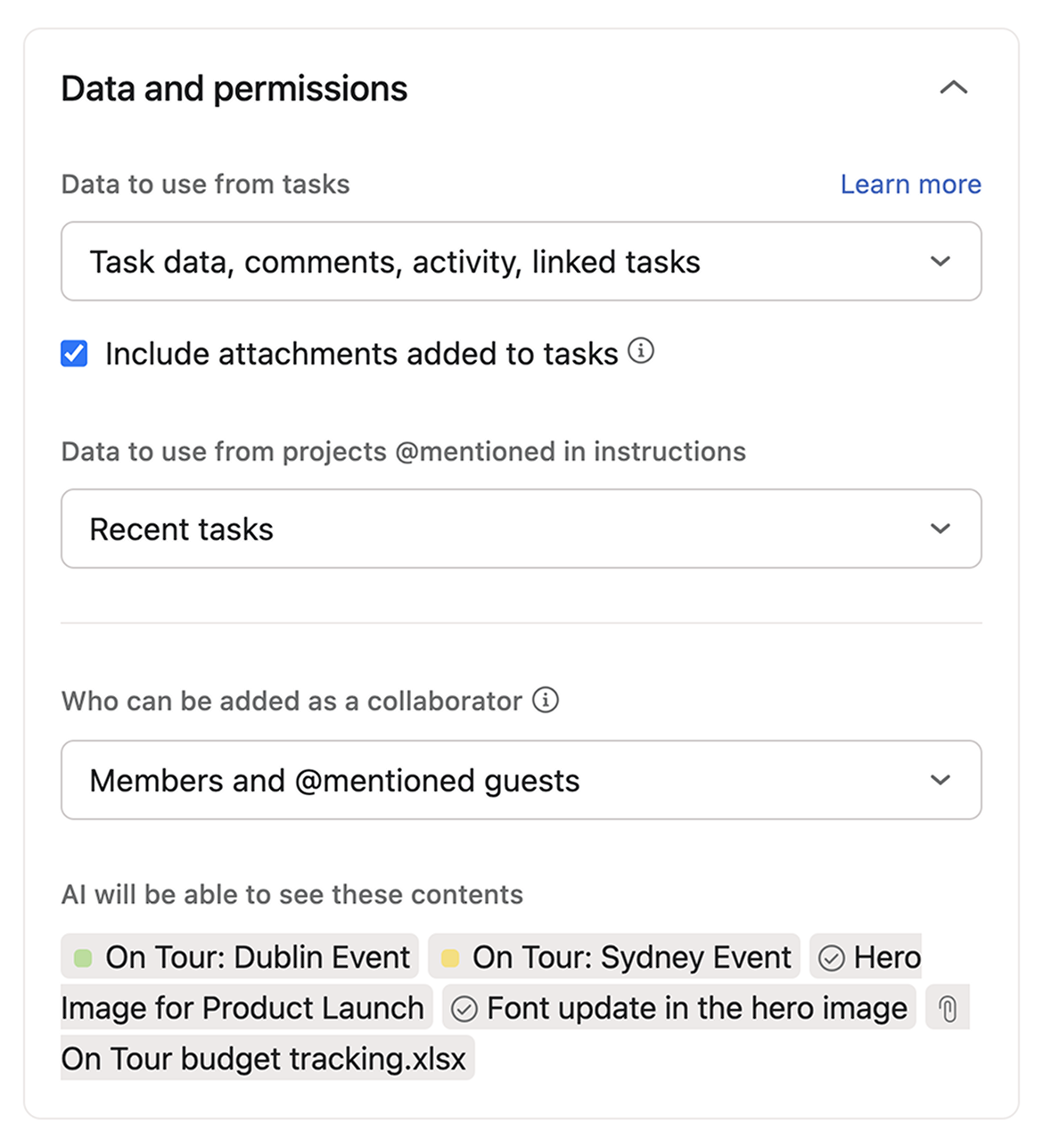 Data and permissions settings