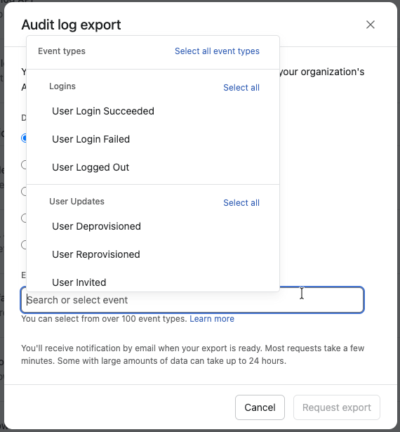 Event types audit log export