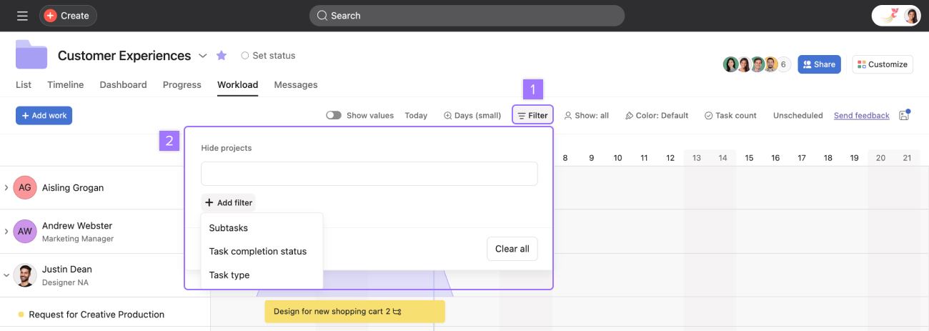 Filter by tasks and subtasks