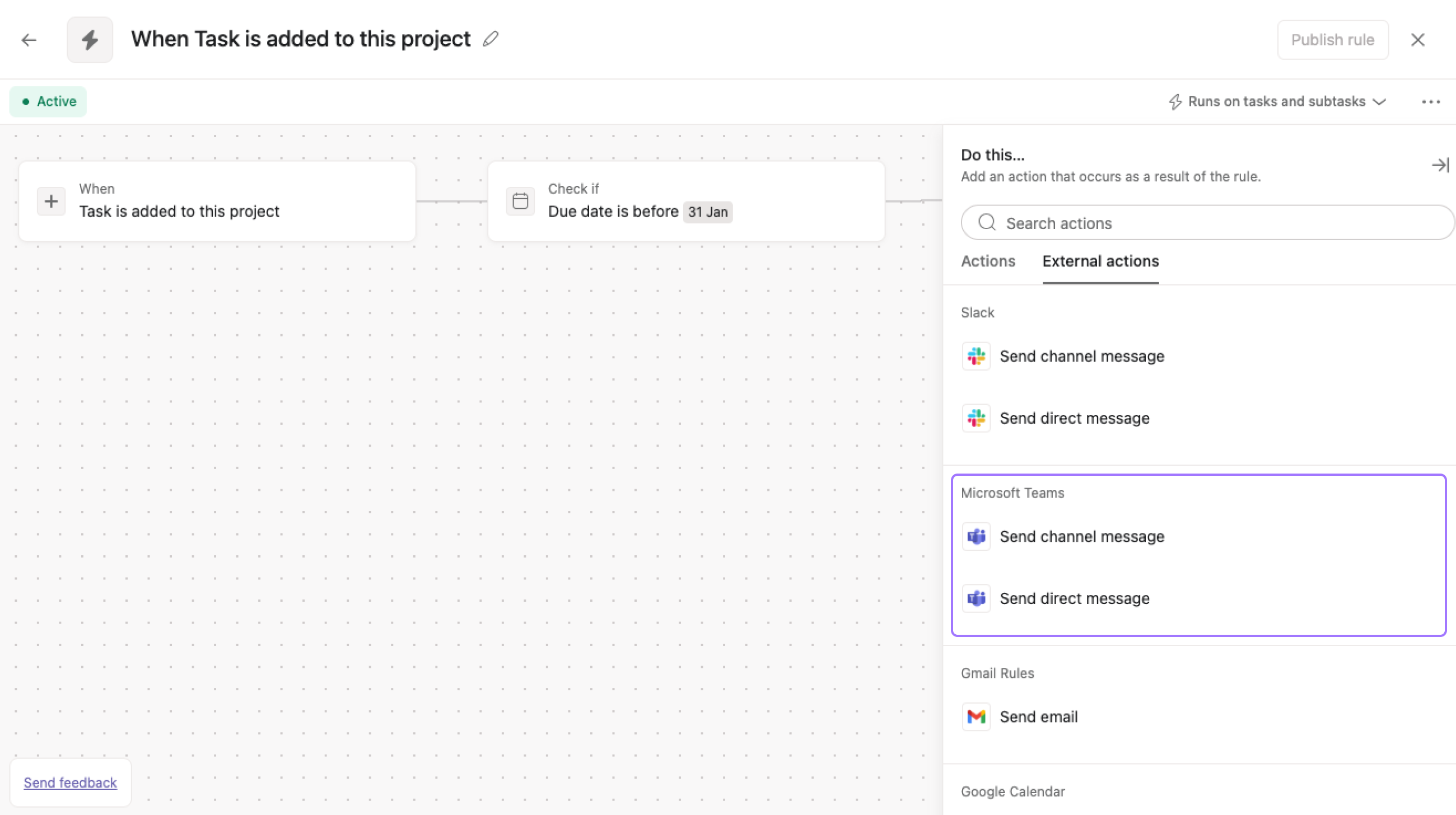 Teams + Asana send message via rules