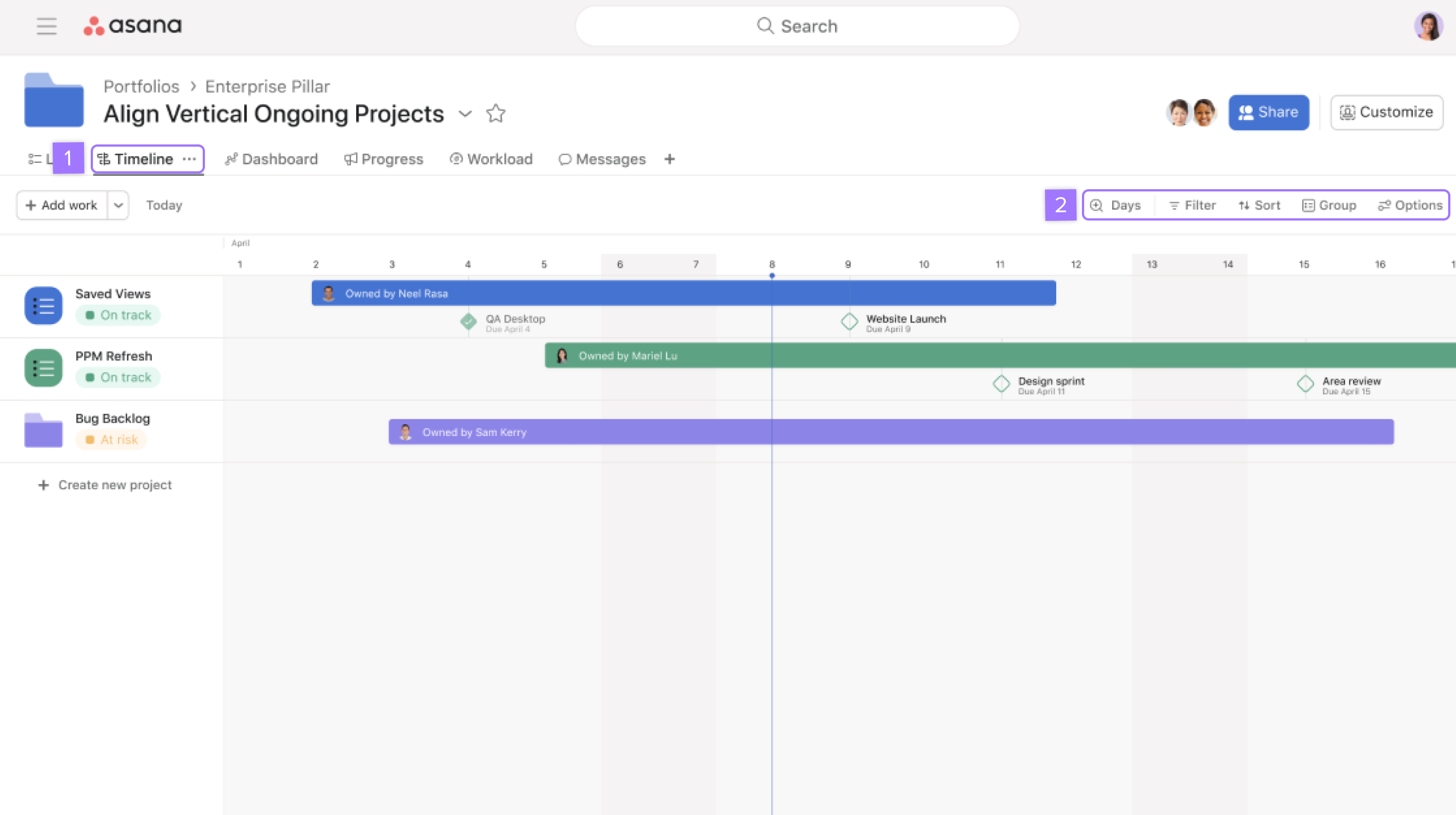 Portfolio timeline view