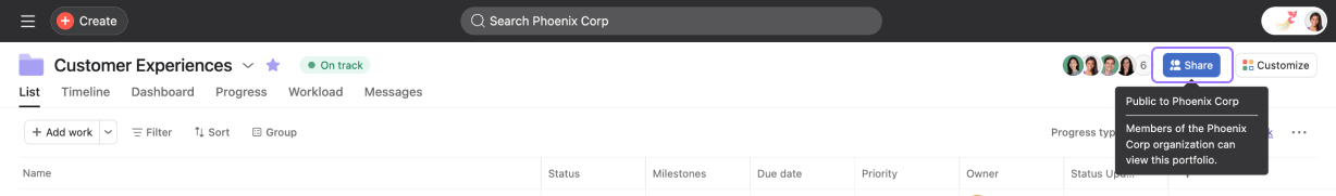 Share button in a portfolio