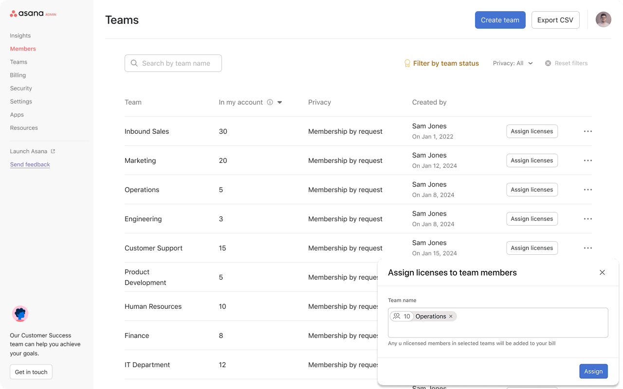 Teams tab functionality