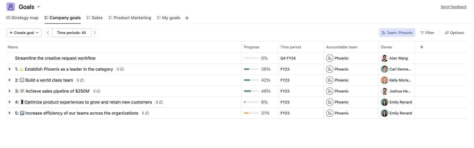 Company goals in grid view
