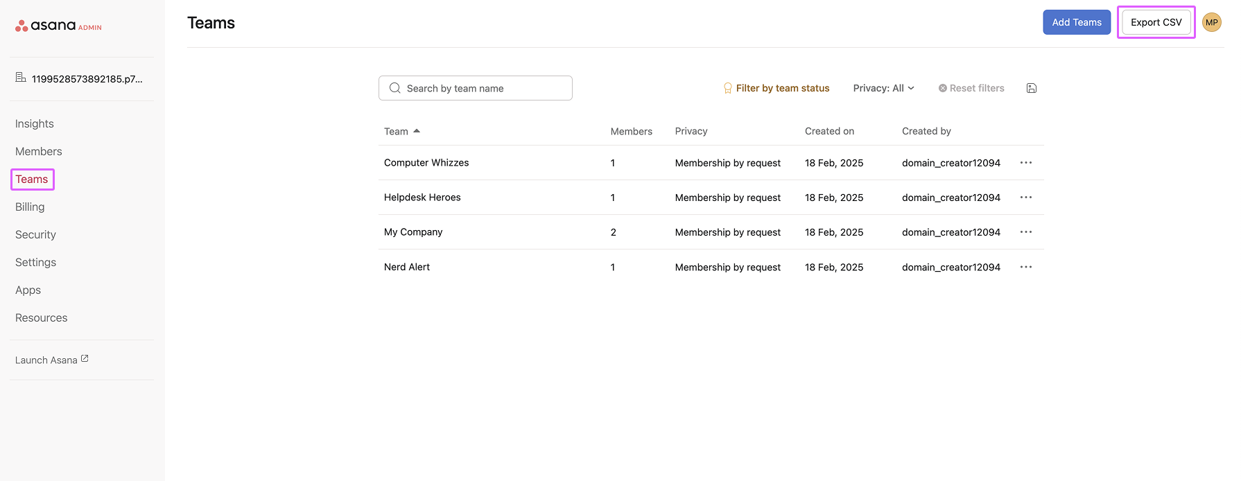 Exportation des équipes d’une division