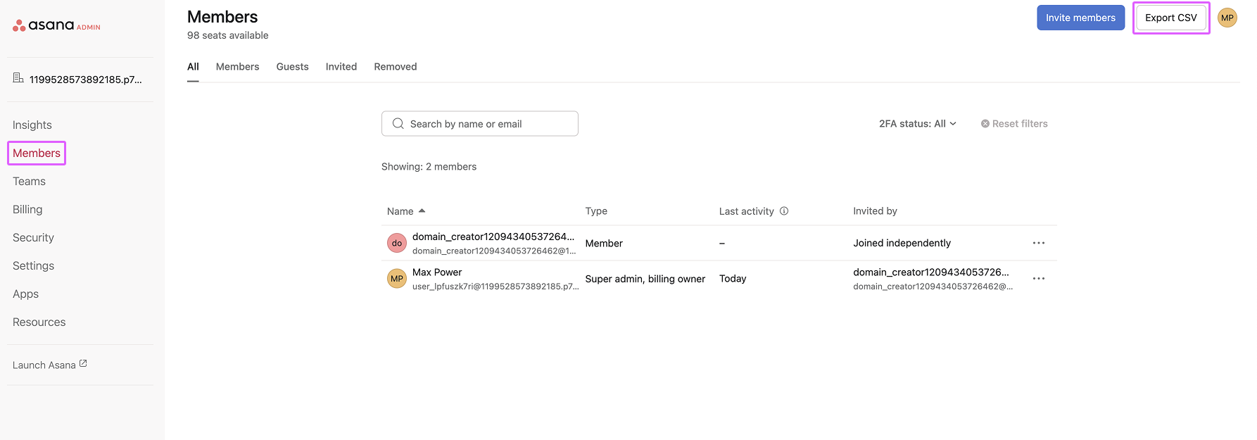 ディビジョンからメンバーのデータをエクスポート