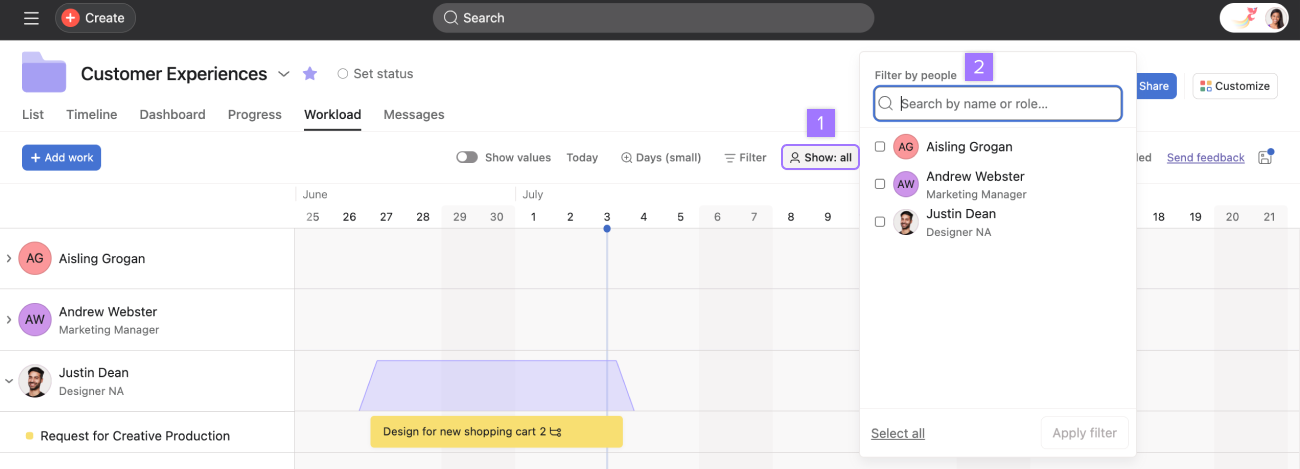 Filter portfolio workload by people