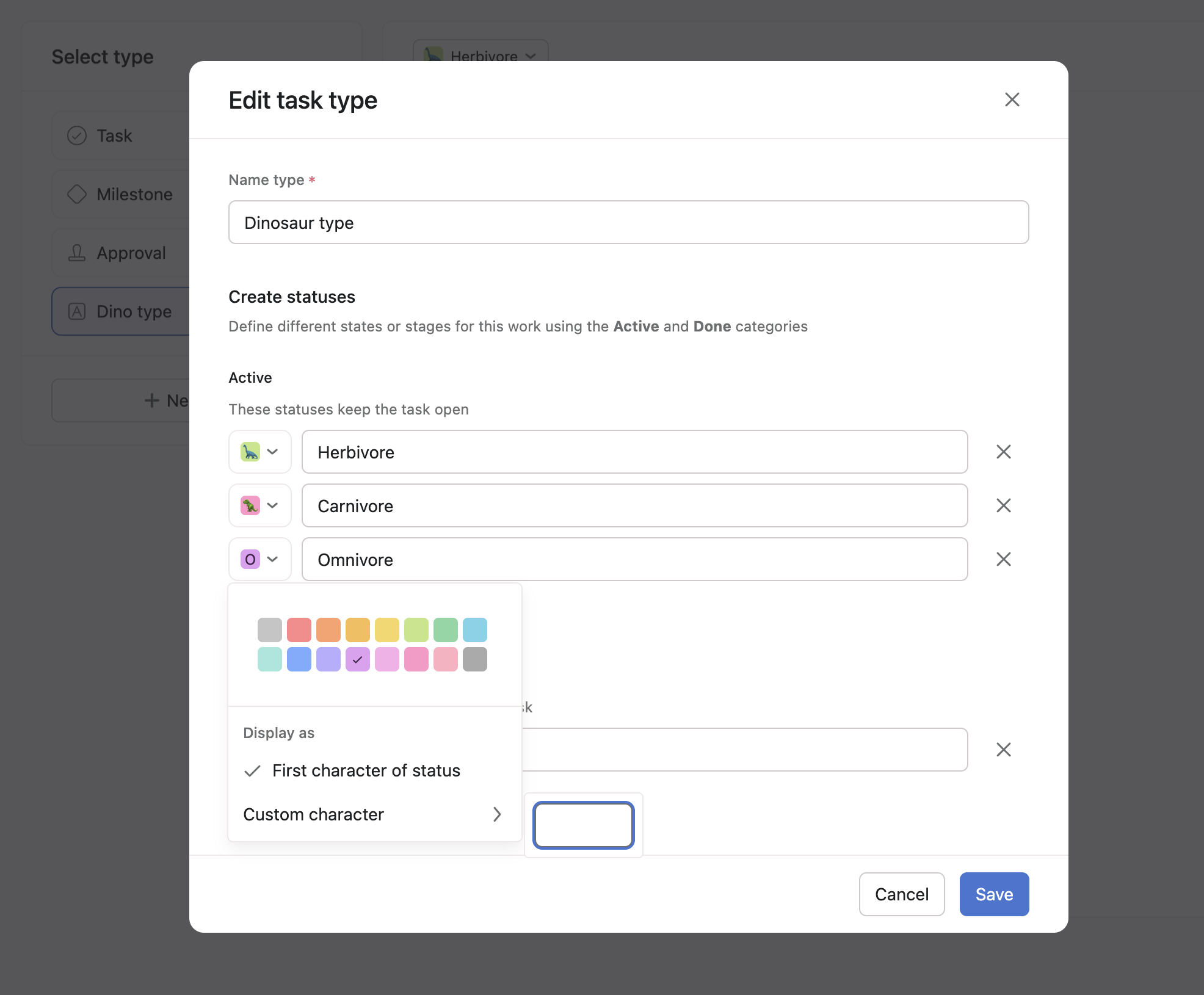 Custom task type characters