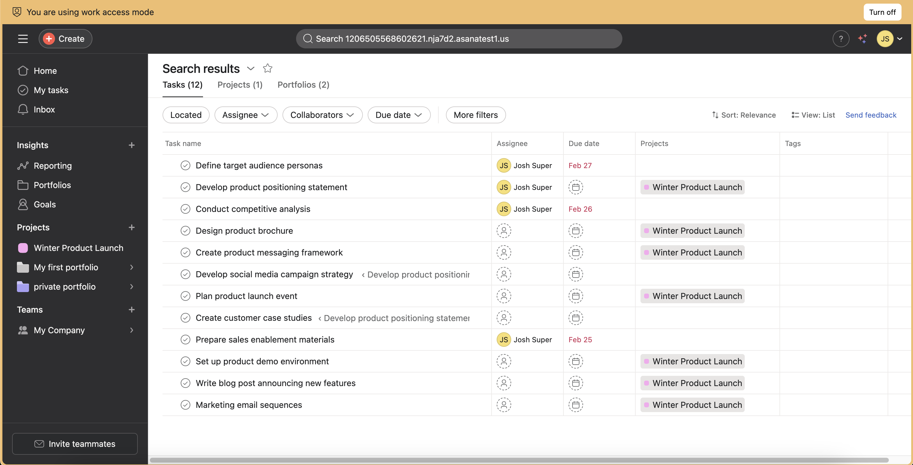 Modo de acceso al trabajo que muestra tareas, proyectos y portafolios