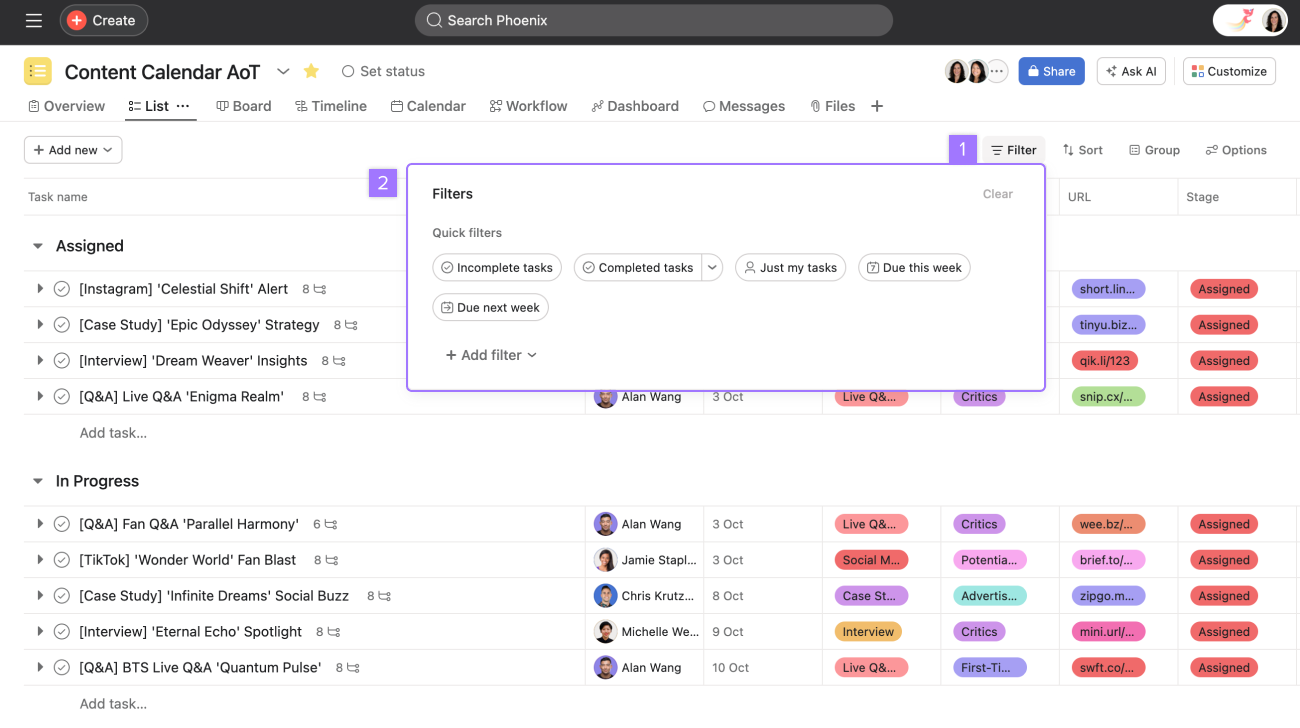 Filter tasks in projects