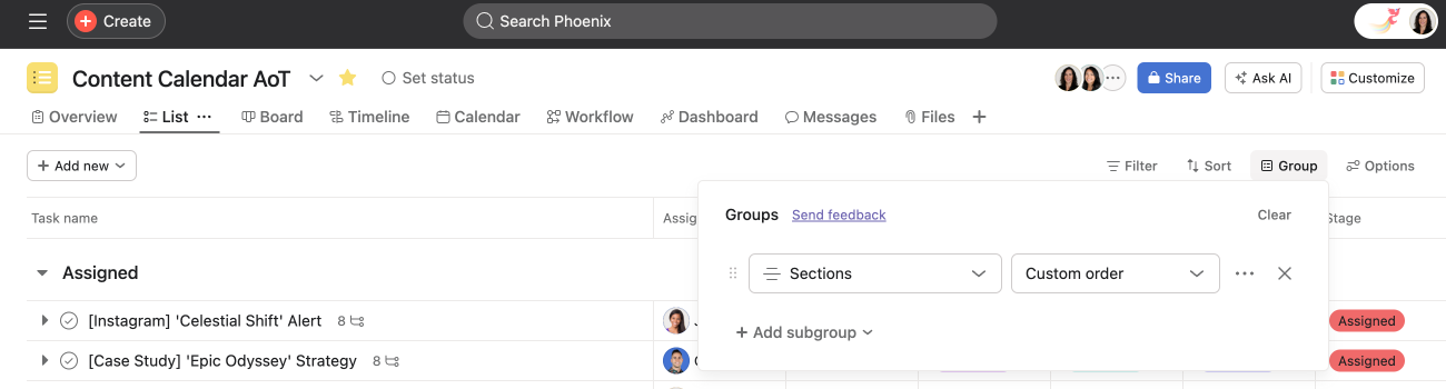 Group tasks in a project