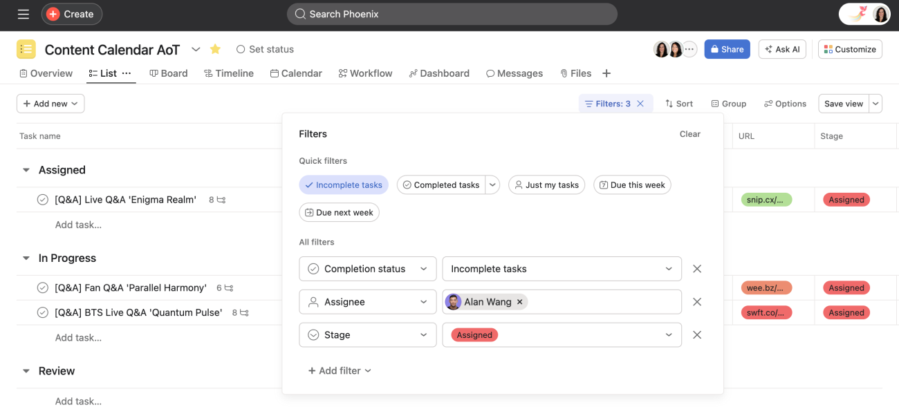Multi-filter tasks in projects