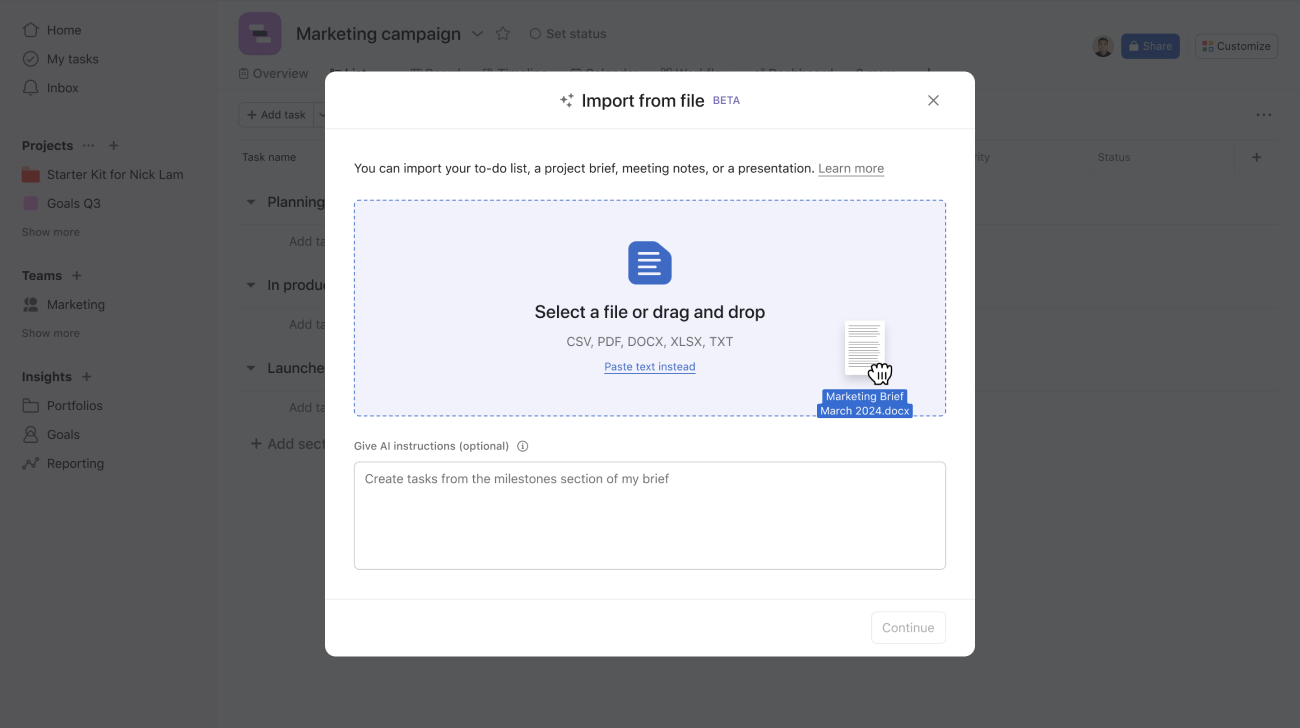 Janela pop-up para dar instruções à IA