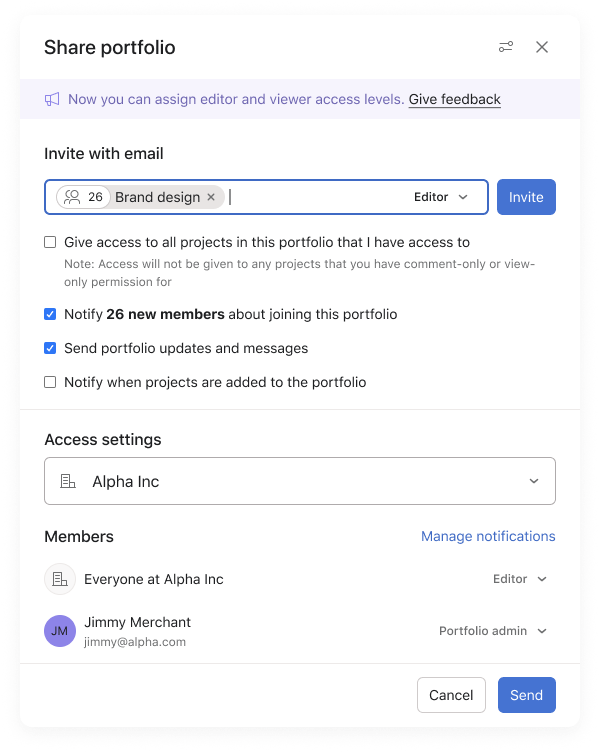 Comparte portafolios con equipos – finalmente. <p>Usa las opciones del cuadro para compartir portafolios para elegir los ajustes de notificación y los niveles de acceso de los equipos con los que compartes el portafolio.</p> <h2 id=