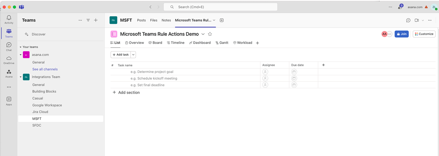 Asana project embedded in Microsoft Teams