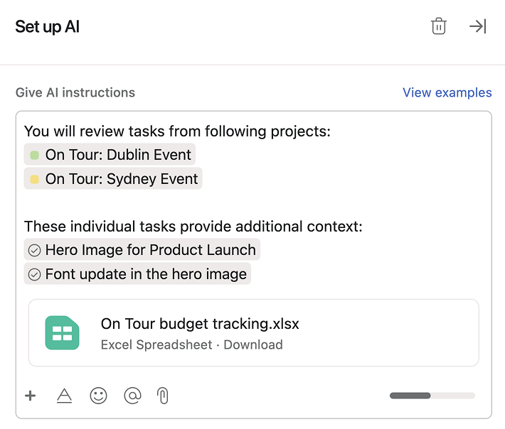 Projekty, zadania i załączniki w instrukcjach AI