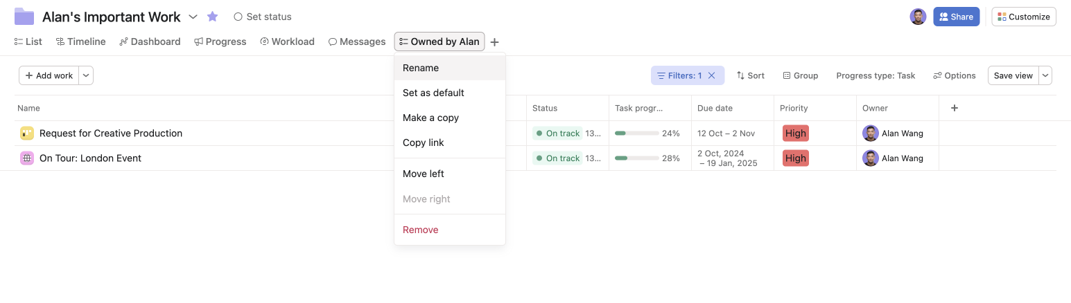 Tab options