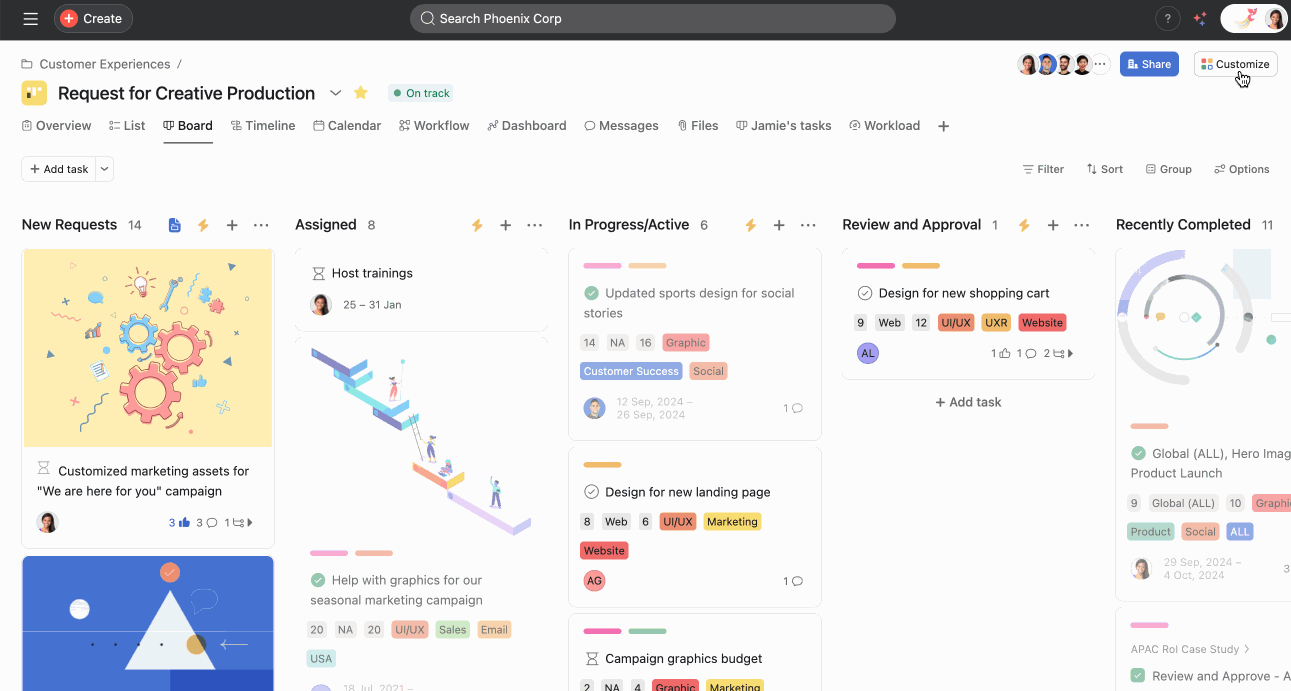 Imagen de la interfaz de usuario de Asana que muestra la opción de personalizar los campos en un proyecto.