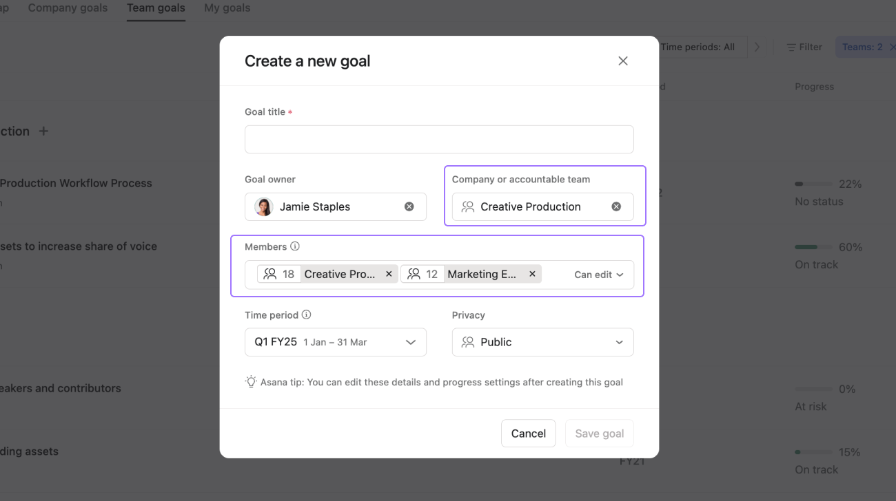 Accountable team in goals