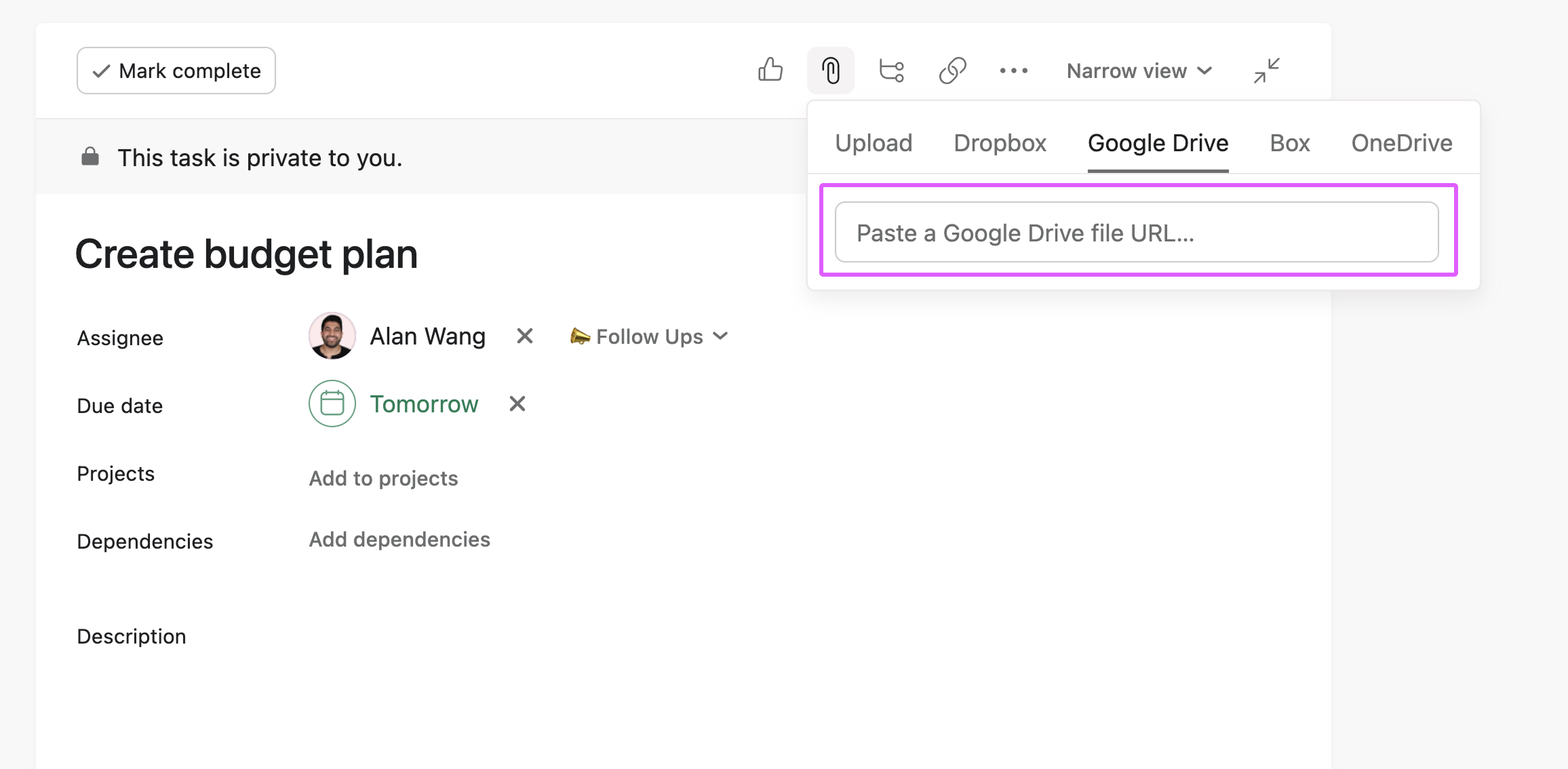 Coller une URL Google Drive ou rechercher le nom du fichier