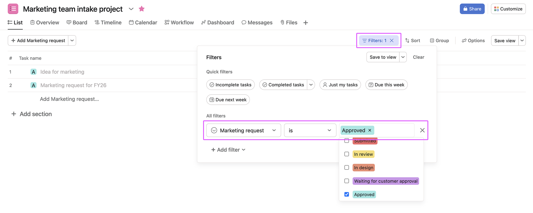 Filter, sort, or group by custom task type and status