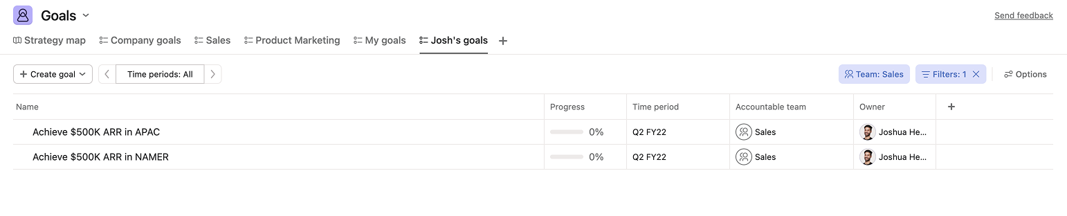 A saved view of goals