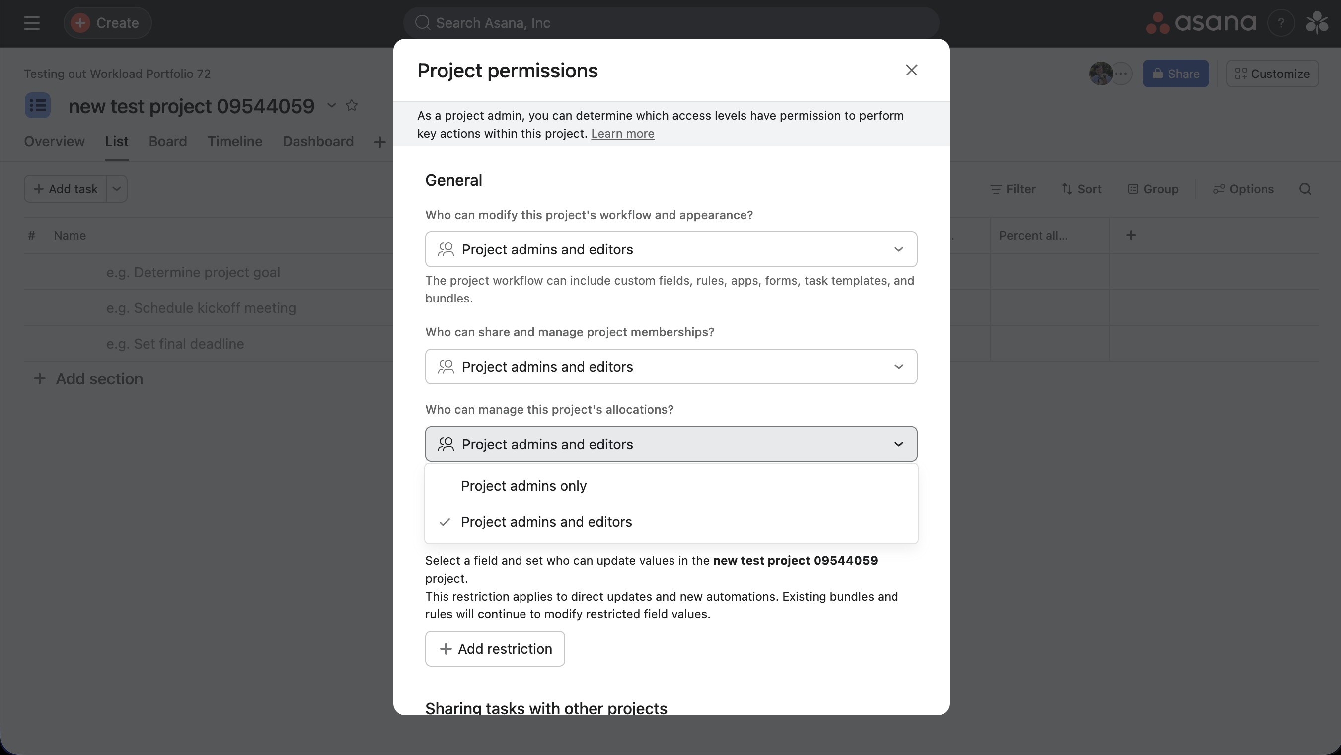 Project permissions capacity plan