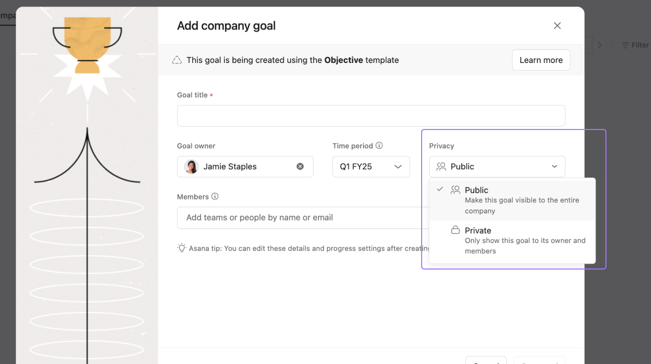 Goal privacy setting